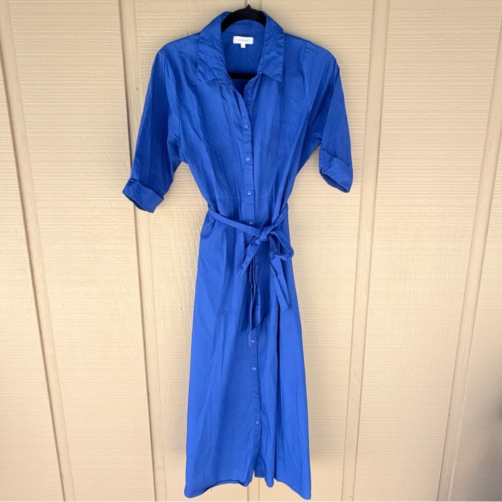 Kookai Royal Electric Blue Cotton Midi Shirt Collared Dress Button Colorful S 2